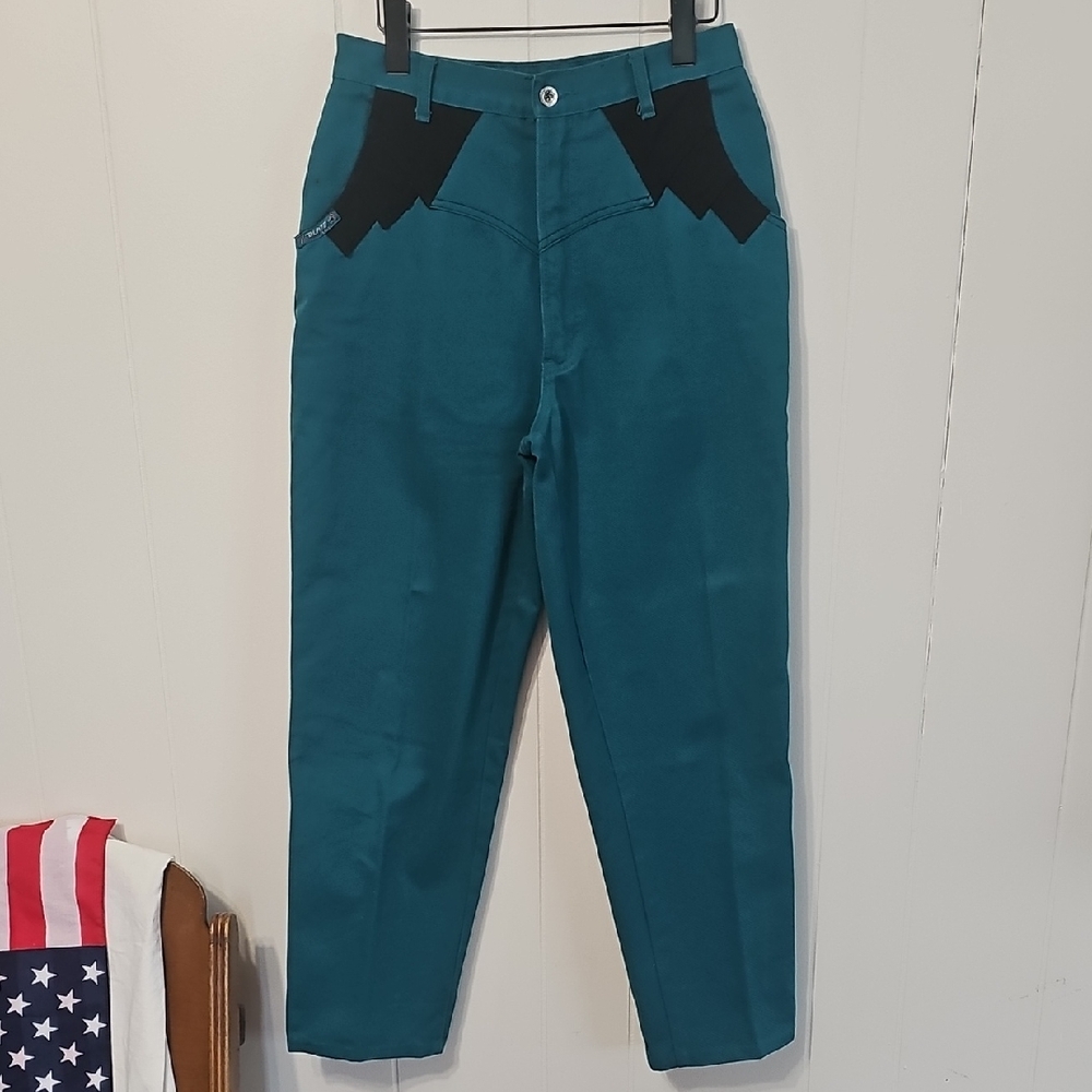 Vintage Blaze Western Heavy Denim Jeans 11/30 Teal & Black 80s Rodeo Cowgirl EUC